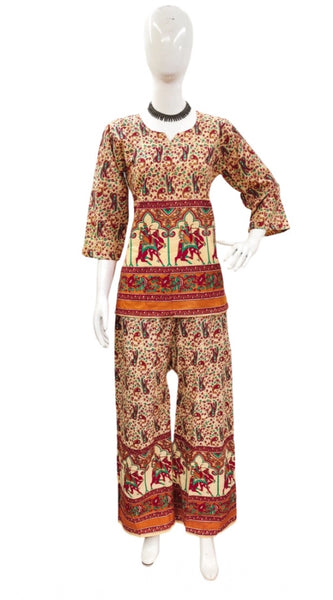 Mayawye Women's Cotton Jaipuri Printed 3-4th Sleeve Co ord Set (Multicolor)