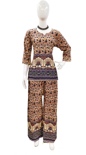 Mayawye Women's Cotton Jaipuri Printed 3-4th Sleeve Co ord Set (Multicolor)