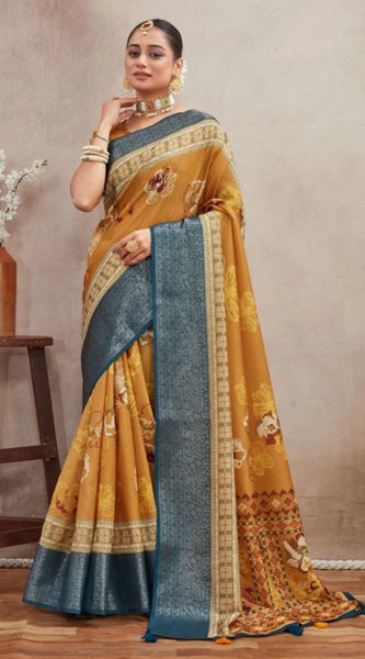 Mayawye Women's Crepe Silk Printed Saree With Unstitched Blouse 5.5Mtr (Mustard)