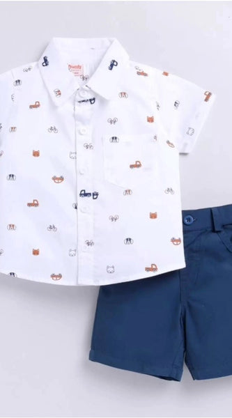 Mayawye Boy's Cotton Blend Printed Short Sleeve Shirt and Shorts Set (White)