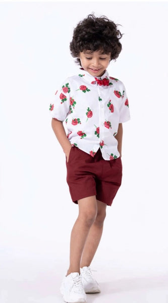 Mayawye Boy's Cotton Blend Printed Short Sleeve Shirt and Shorts Set (White)