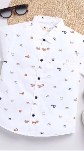 Mayawye Boy's Cotton Blend Printed Short Sleeve Shirt (White)