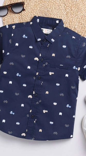 Mayawye Boy's Cotton Blend Printed Short Sleeve Shirt (Navy Blue)