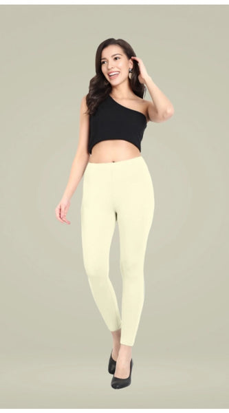Mayawye Women's Cotton Blended Solid Ankle legging (Cream)