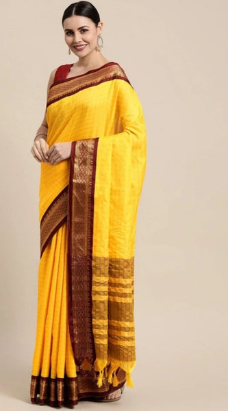 Mayawye Women's Cotton Silk Checkered Saree With Unstitched Blouse 5.5Mtr (Yellow)