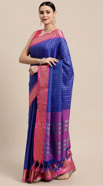 Mayawye Women's Cotton Silk Checkered Saree With Unstitched Blouse 5.5Mtr (R Blue)