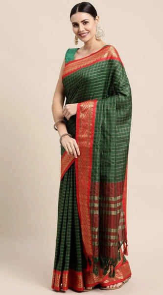 Mayawye Women's Cotton Silk Checkered Saree With Unstitched Blouse 5.5Mtr (B Green)