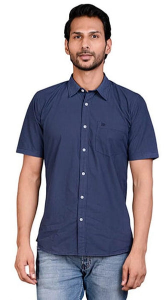 Mayawye Men's Casual Cotton Half Sleeve Solid Shirt (Navy)