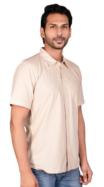Mayawye Men's Casual Cotton Half Sleeve Solid Shirt (Beige)