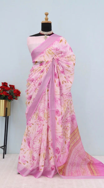 Mayawye Women's Linen Digital Print Saree With Unstitched Blouse 5.5Mtr (Pink)