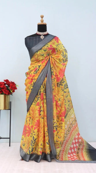 Mayawye Women's Linen Digital Print Saree With Unstitched Blouse 5.5Mtr (Multicolor)