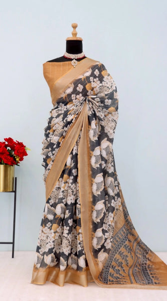 Mayawye Women's Linen Digital Print Saree With Unstitched Blouse 5.5Mtr (Black)