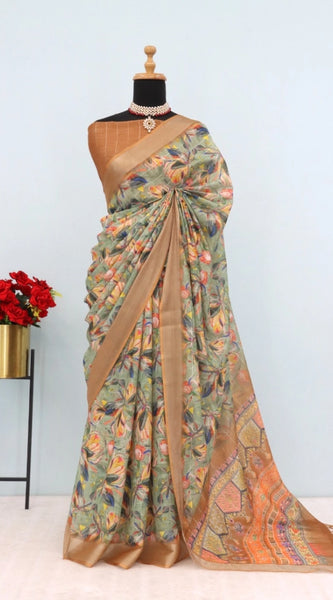 Mayawye Women's Linen Digital Print Saree With Unstitched Blouse 5.5Mtr (Beige)