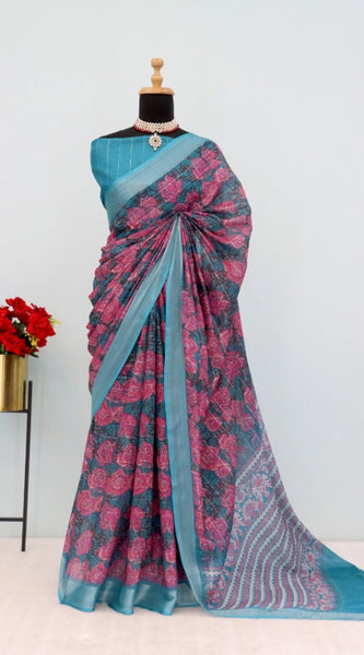 Mayawye Women's Linen Digital Print Saree With Unstitched Blouse 5.5Mtr (Blue)