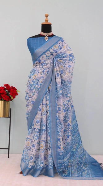 Mayawye Women's Linen Digital Print Saree With Unstitched Blouse 5.5Mtr (Blue)
