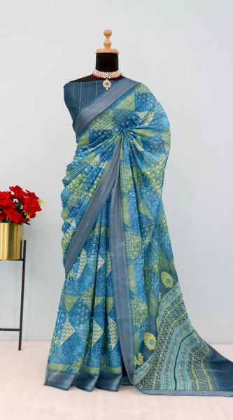 Mayawye Women's Linen Digital Print Saree With Unstitched Blouse 5.5Mtr (Green)