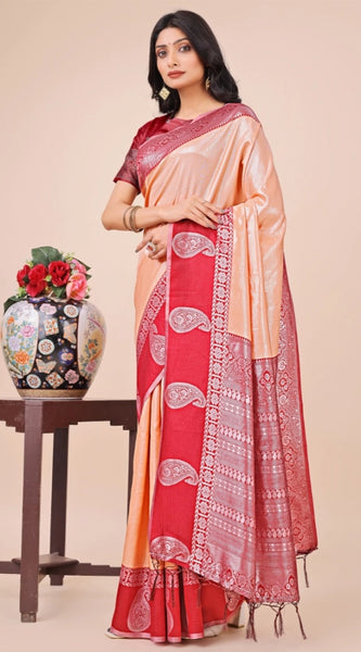 Mayawye Women's Lichi Silk Printed Saree With Unstitched Blouse 5.5Mtr (Peach)