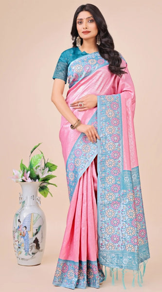 Mayawye Women's Lichi Silk Printed Saree With Unstitched Blouse 5.5Mtr (Pink)