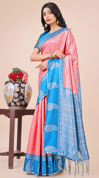 Mayawye Women's Lichi Silk Printed Saree With Unstitched Blouse 5.5Mtr (Peach)