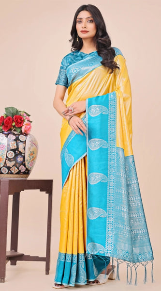 Mayawye Women's Lichi Silk Printed Saree With Unstitched Blouse 5.5Mtr (Yellow)