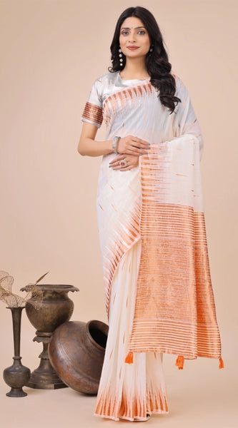 Mayawye Women's Linen Cotton Printed Saree With Unstitched Blouse 5.5Mtr (White)
