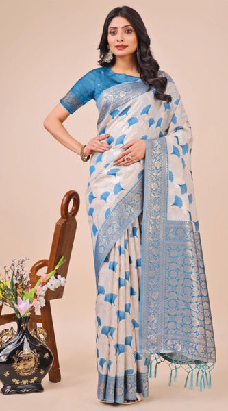 Mayawye Women's Linen Cotton Printed Saree With Unstitched Blouse 5.5Mtr (Teal)