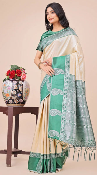 Mayawye Women's Lichi Silk Printed Saree With Unstitched Blouse 5.5Mtr (Cream)