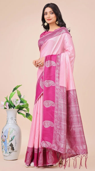 Mayawye Women's Lichi Silk Printed Saree With Unstitched Blouse 5.5Mtr (Light Pink)