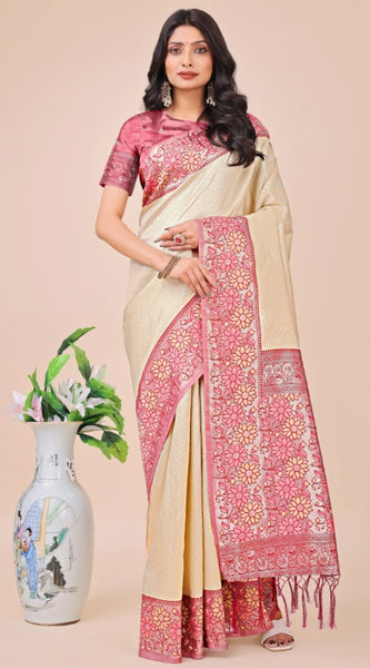 Mayawye Women's Lichi Silk Printed Saree With Unstitched Blouse 5.5Mtr (Cream)