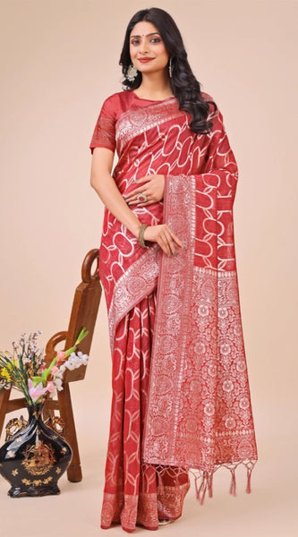 Mayawye Women's Linen Cotton Printed Saree With Unstitched Blouse 5.5Mtr (Red)
