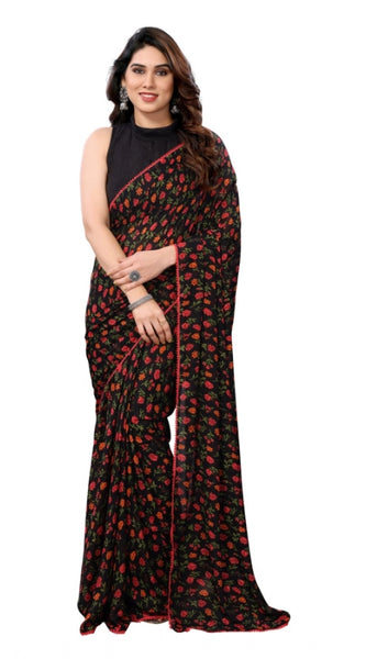Mayawye Women's Small Lace Georgette Printed Ready-to-Wear Saree With Unstitched Blouse 5.5 Mtr (Black)