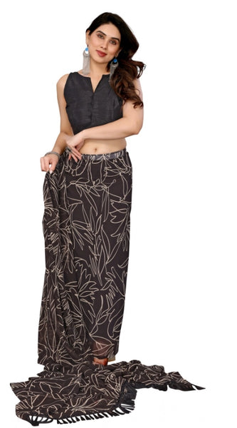 Mayawye Women's Zalar Lace Georgette Printed Ready-to-Wear Saree With Unstitched Blouse 5.5 Mtr (Brown)