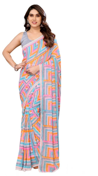 Mayawye Women's Small Lace Georgette Printed Ready-to-Wear Saree With Unstitched Blouse 5.5 Mtr (Grey)