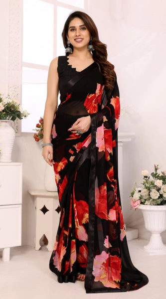 Mayawye Women's Small Lace Georgette Printed Ready-to-Wear Saree With Unstitched Blouse 5.5 Mtr (Black-Red)