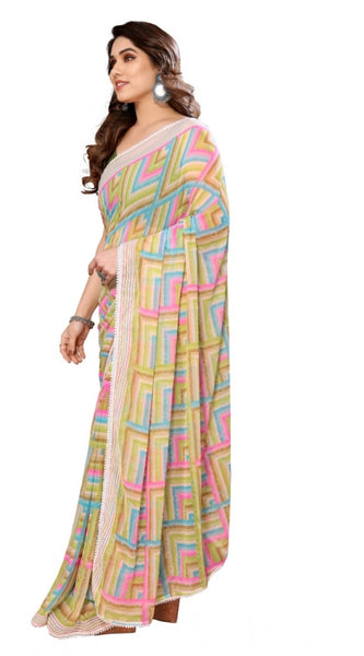 Mayawye Women's Small Lace Georgette Printed Ready-to-Wear Saree With Unstitched Blouse 5.5 Mtr (Green)