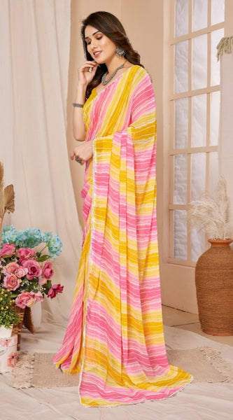 Mayawye Women's Small Lace Georgette Striped Ready-to-Wear Saree With Unstitched Blouse 5.5 Mtr (Yellow-Pink)
