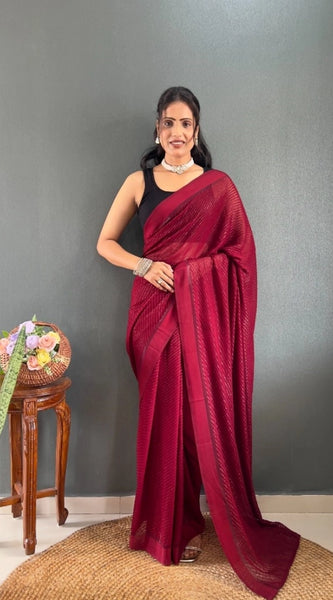 Mayawye Women's Chiffon Solid Ready to wear Saree With Unstitched Blouse 5.5 Mtr (Maroon)