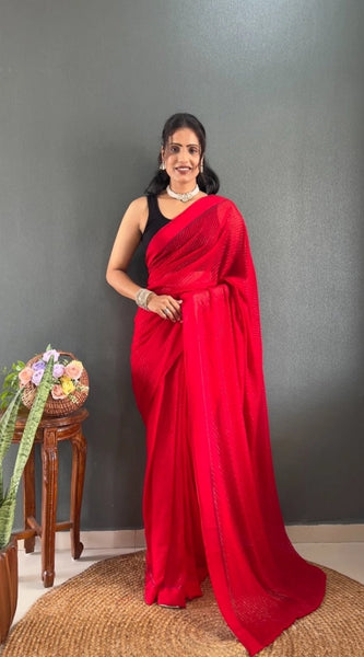 Mayawye Women's Chiffon Solid Ready to wear Saree With Unstitched Blouse 5.5 Mtr (Red)