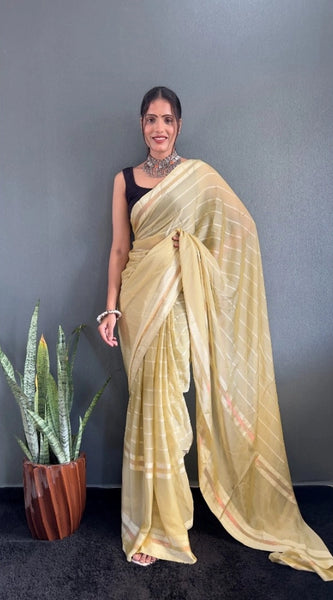 Mayawye Women's Chiffon Striped Ready to wear Saree With Unstitched Blouse 5.5 Mtr (Yellow)