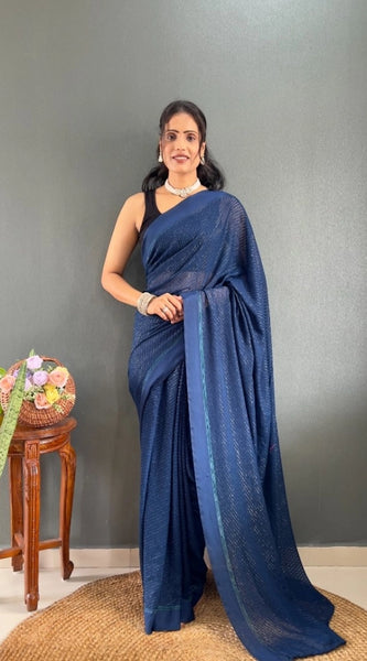 Mayawye Women's Chiffon Solid Ready to wear Saree With Unstitched Blouse 5.5 Mtr (Blue )