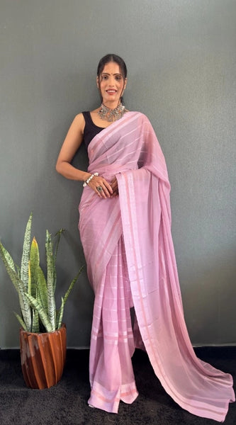 Mayawye Women's Chiffon Striped Ready to wear Saree With Unstitched Blouse 5.5 Mtr (Pink)