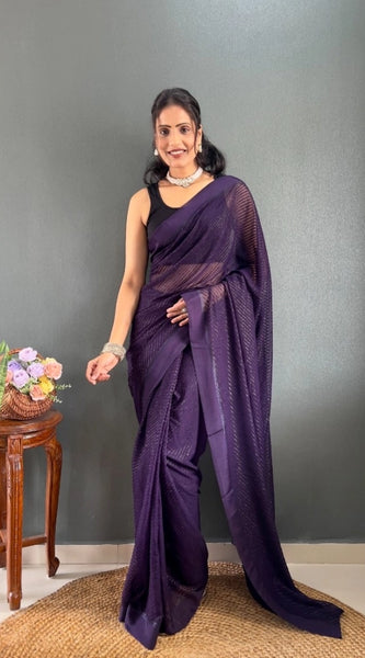 Mayawye Women's Chiffon Solid Ready to wear Saree With Unstitched Blouse 5.5 Mtr (Purple)