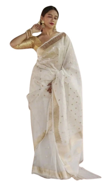 Mayawye Women's Cotton Printed Saree With Unstitched Blouse 5.5Mtr (White)