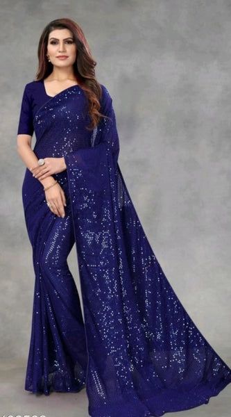 Mayawye Women's Georgette Embellished Sequnece Bollywood Saree With Unstitched Blouse 5.5Mtr (Blue)