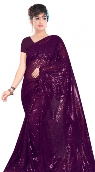 Mayawye Women's Georgette Embellished Sequnece Bollywood Saree With Unstitched Blouse 5.5Mtr (Purple)