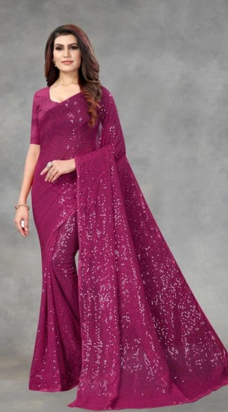 Mayawye Women's Georgette Embellished Sequnece Bollywood Saree With Unstitched Blouse 5.5Mtr (Purple)
