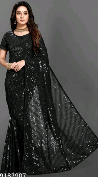 Mayawye Women's Georgette Embellished Sequnece Bollywood Saree With Unstitched Blouse 5.5Mtr (Black)