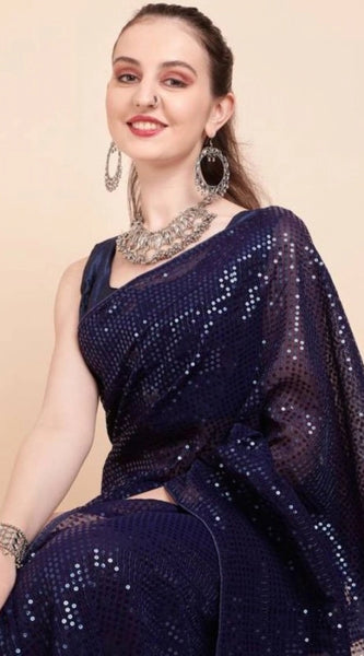 Mayawye Women's Georgette Embellished Sequnece Bollywood Saree With Unstitched Blouse 5.5Mtr (Blue)