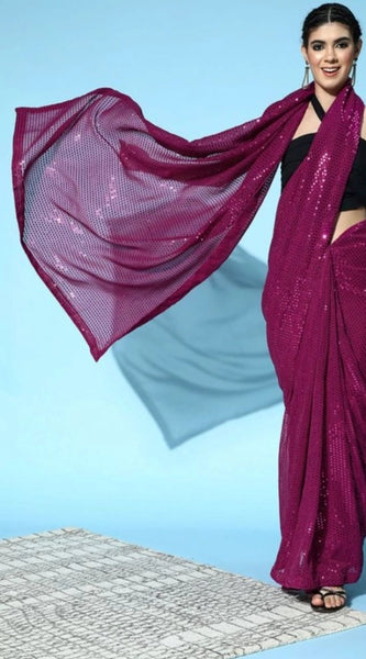 Mayawye Women's Georgette Embellished Sequnece Bollywood Saree With Unstitched Blouse 5.5Mtr (Wine)