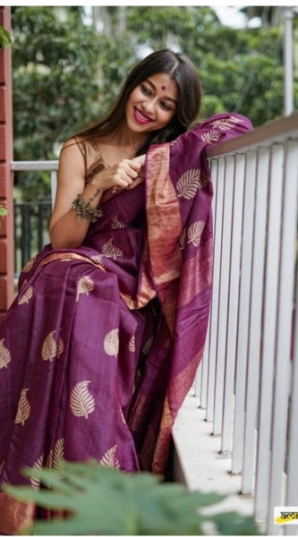 Mayawye Women's Silk Printed Saree With Unstitched Blouse 5.5Mtr (Purple)
